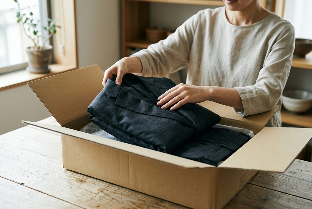 宅配箱からメンズ礼服を取り出す女性の手元