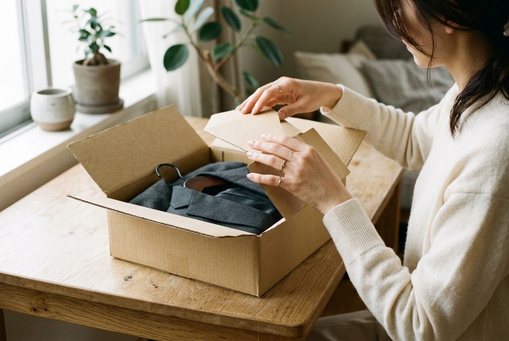段ボール箱を開ける女性の手元。中に礼服のガーメントバッグが見える。