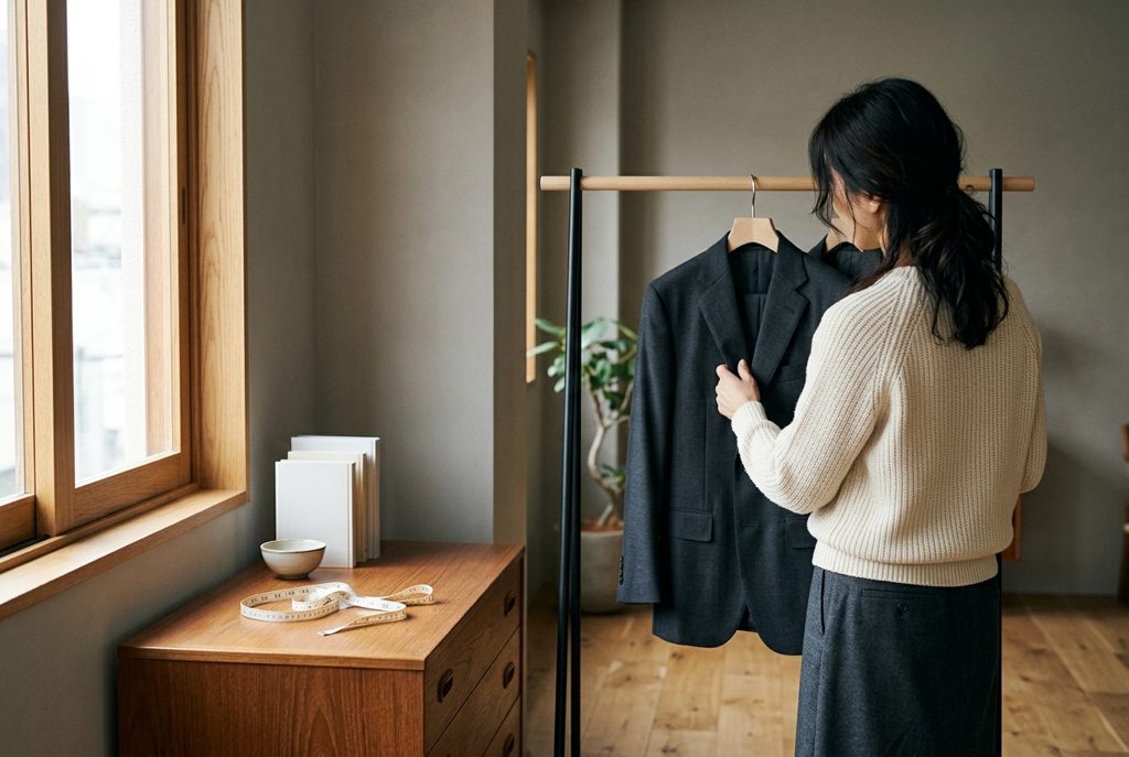 部屋でメンズ礼服を検討する女性