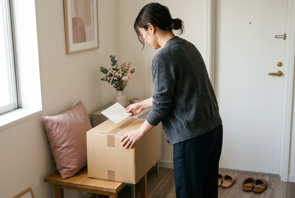 梱包した荷物と返却案内を確認する女性