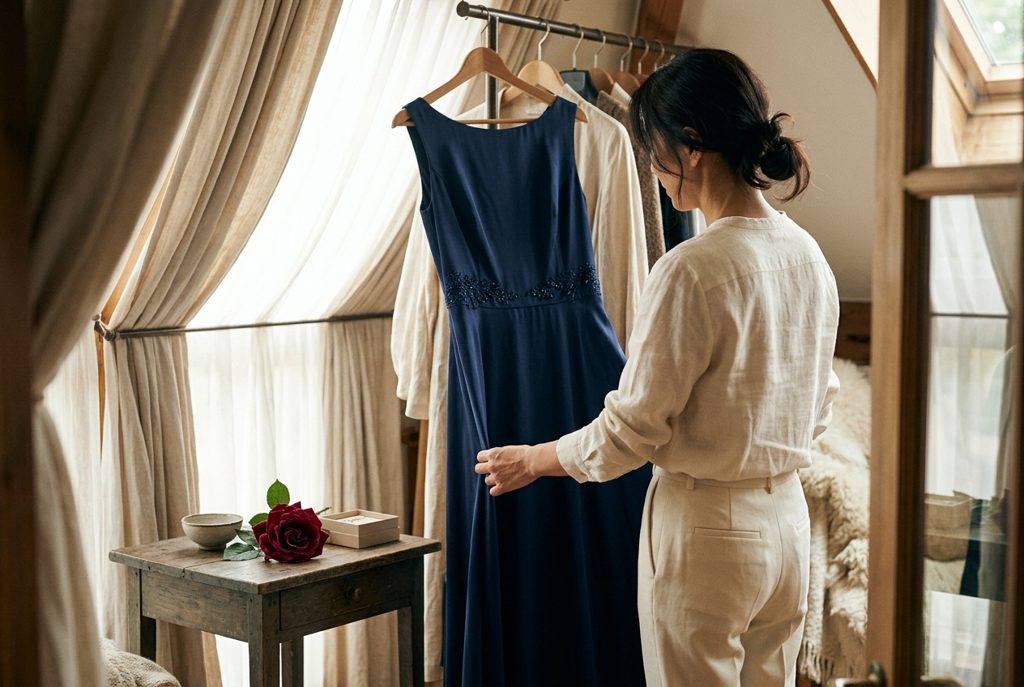 日差しが差し込む部屋でフォーマルドレスを見る女性