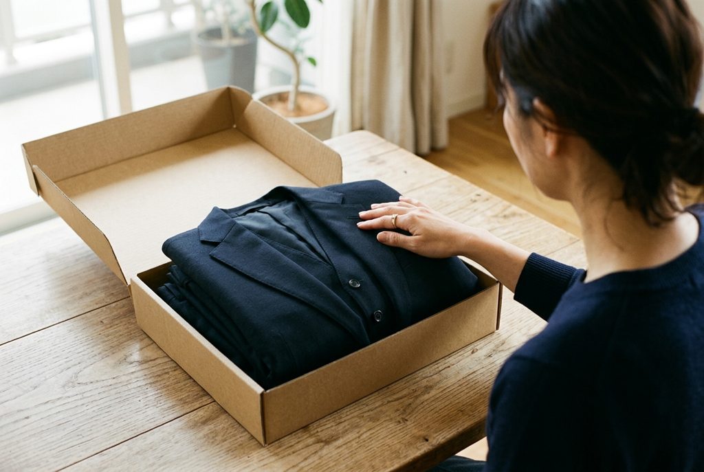 開梱された男性用礼服とそれを確認する女性の手