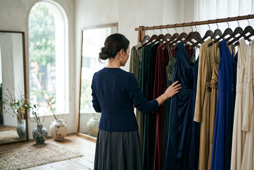 フォーマルドレスを選ぶ女性の後ろ姿