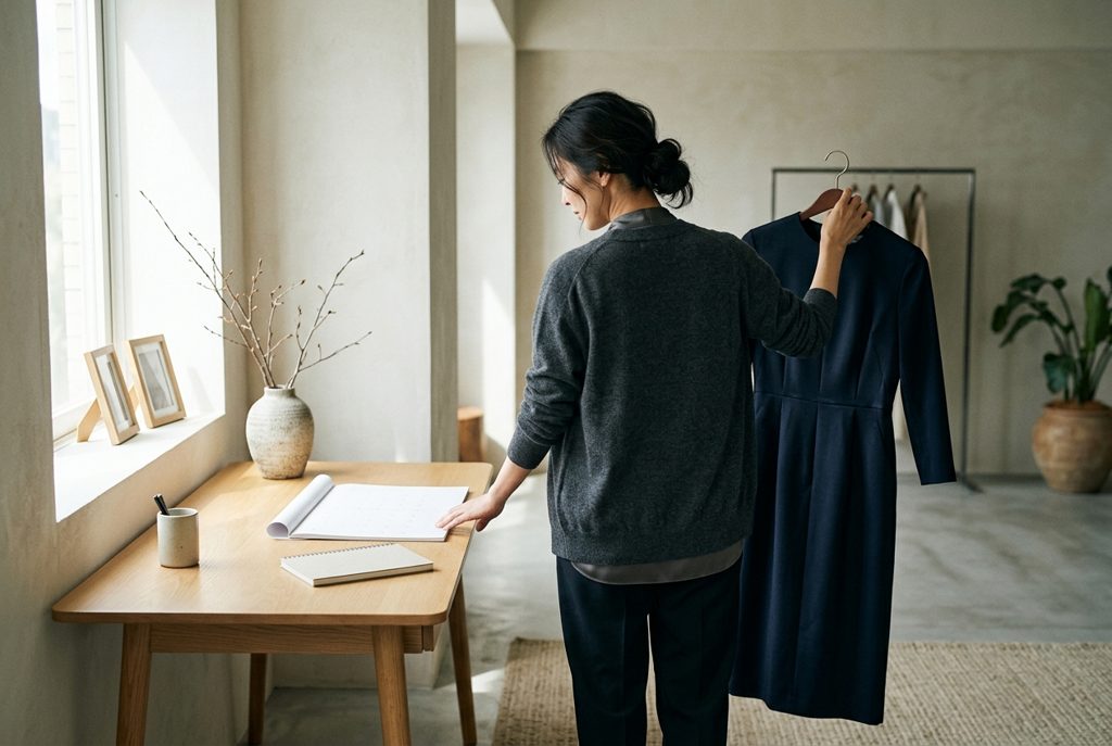 窓辺で礼服とカレンダーを見る女性