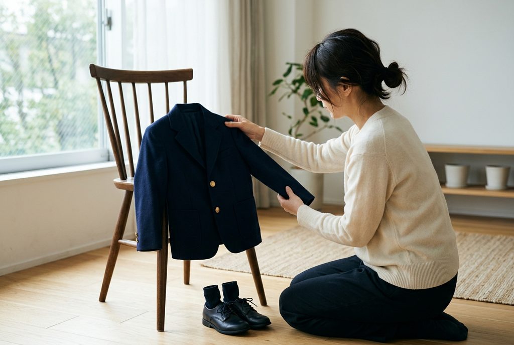 子供のフォーマル服と靴を見つめる女性