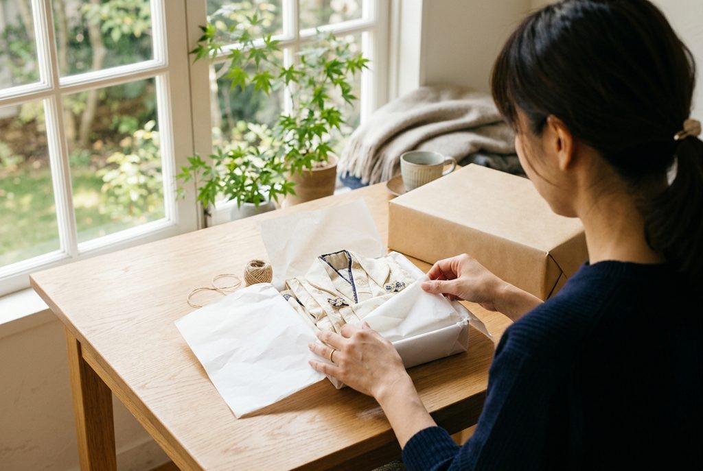 子供服のレンタルパッケージを開ける女性の手と、隣に置かれた大人のフォーマルウェアのパッケージ
