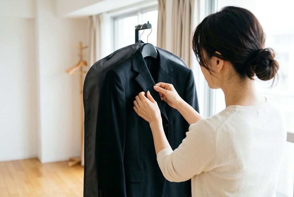 女性が礼服のジャケットを整える手元