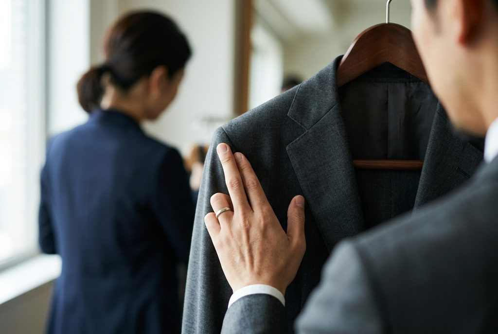 ビジネススーツの袖を指で触ってシワなどを確認する男性の手元。