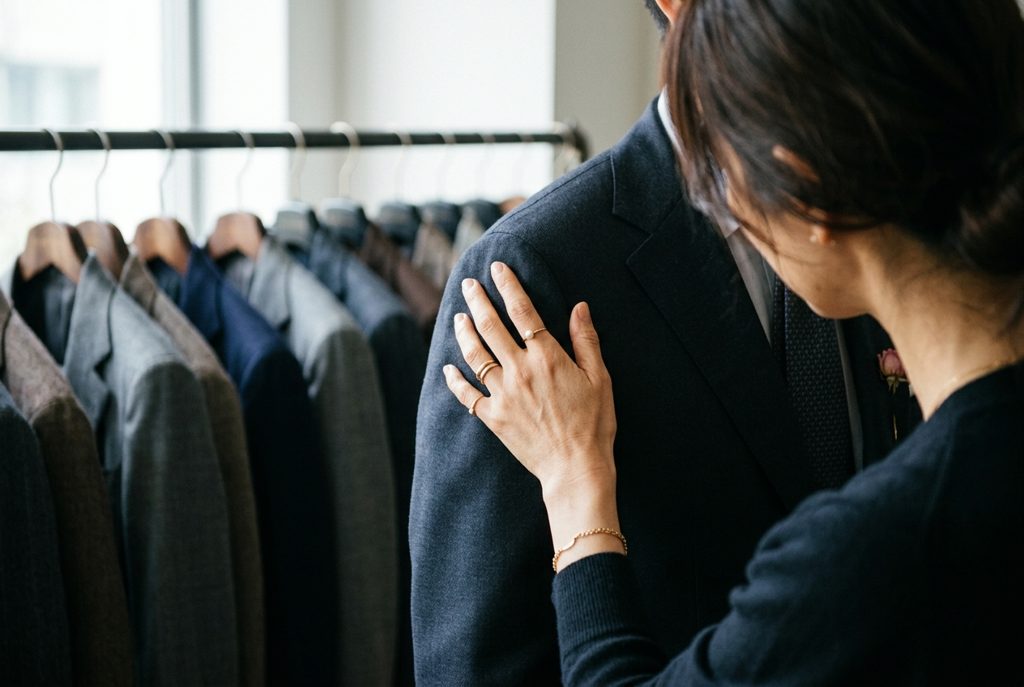 女性がメンズスーツの肩のラインを触って確認している様子