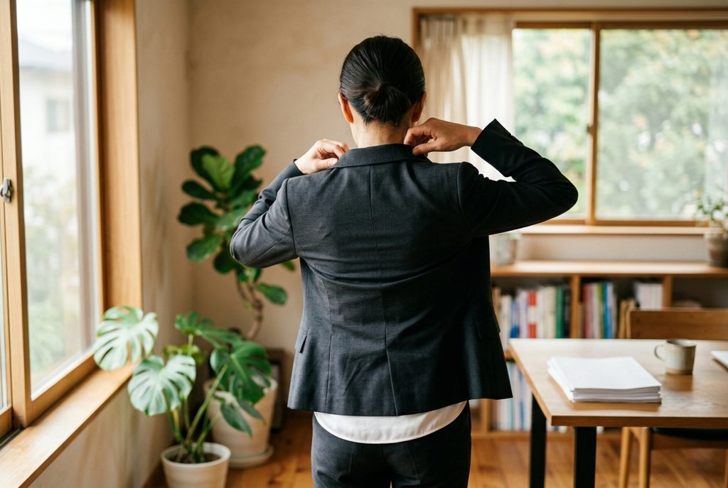 日差しが差し込む部屋で、背面から見た女性がスーツのジャケットを着て肩のあたりを直している