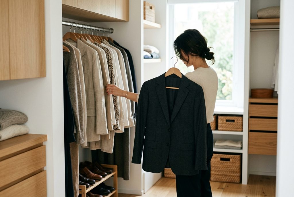 スーツを手に取り思案する女性