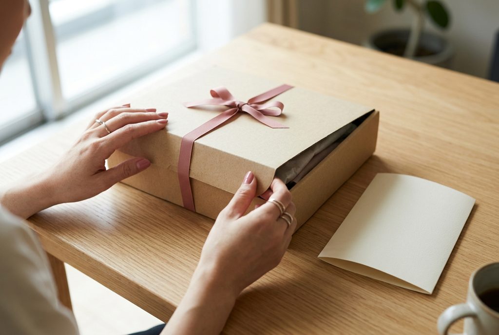レンタル衣装の箱を開ける女性の手元と書類