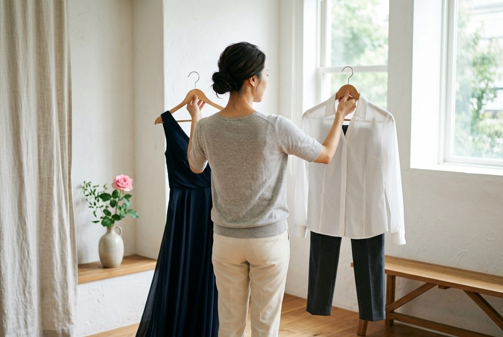 ハンガーの二着の服を前に悩む日本人女性
