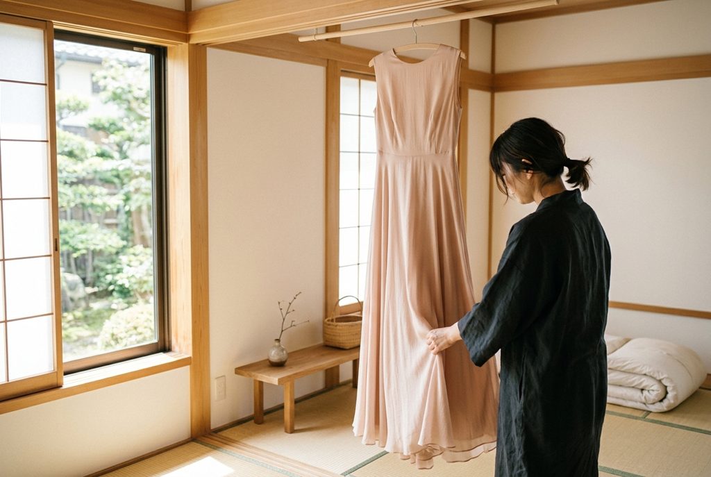 日差しが入る部屋で吊るされたレンタルドレス