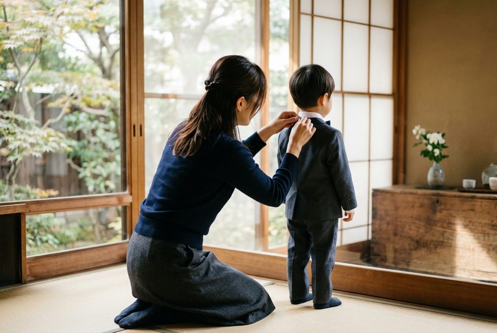 窓辺で子どものフォーマルウェアを整える母親の後ろ姿