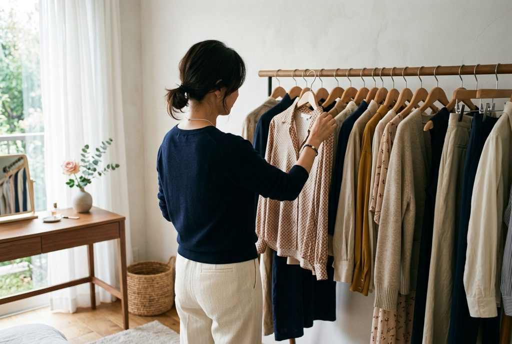 クローゼットで洋服を選ぶ女性の後ろ姿