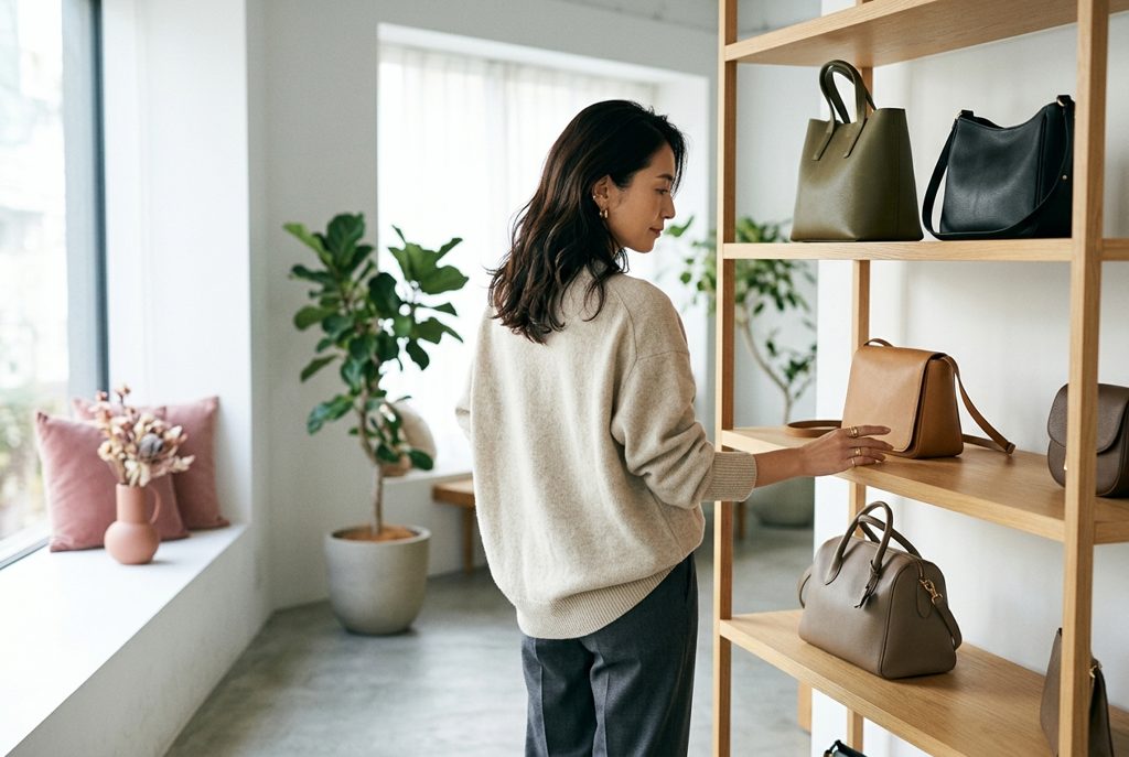 棚に並んだ複数のバッグを見つめる女性
