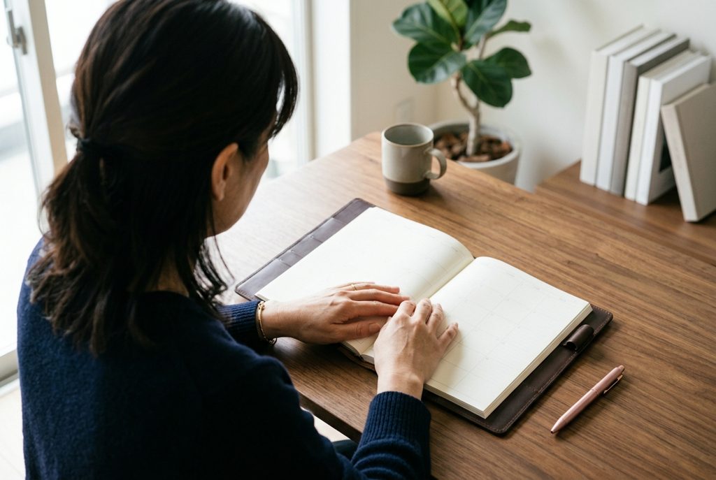 窓辺のデスクで手帳を開き考える女性の手元