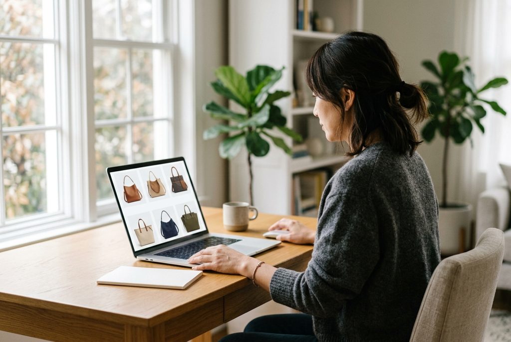自宅でノートPC画面を眺めながらバッグを選ぶ女性