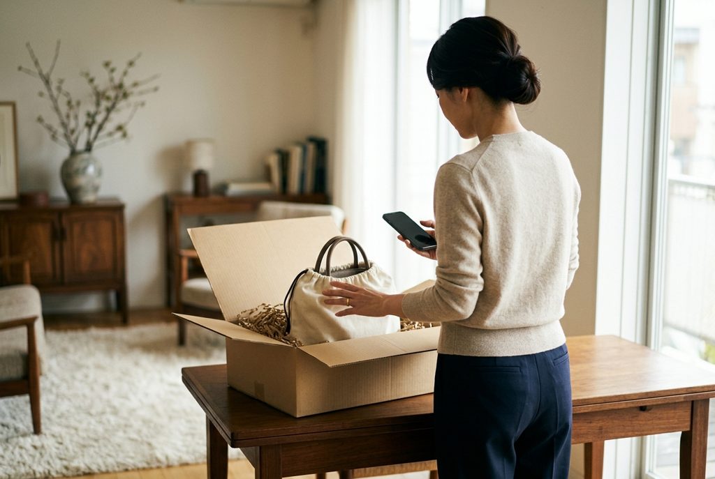 返品準備ができたバッグとスマホを見つめる女性