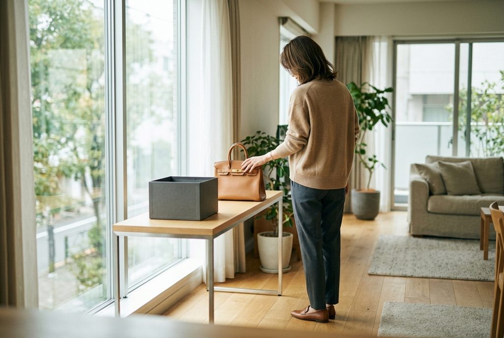 窓辺の部屋で、バッグと空の箱を見つめる女性