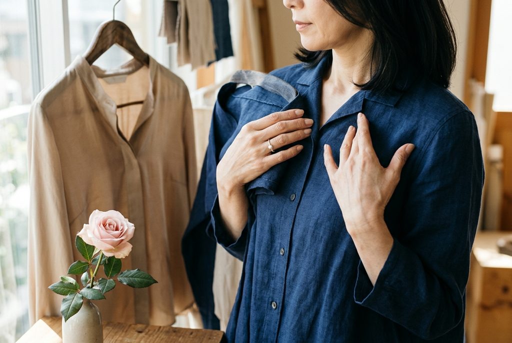 日本人女性が服のサイズと質感を確認する手元