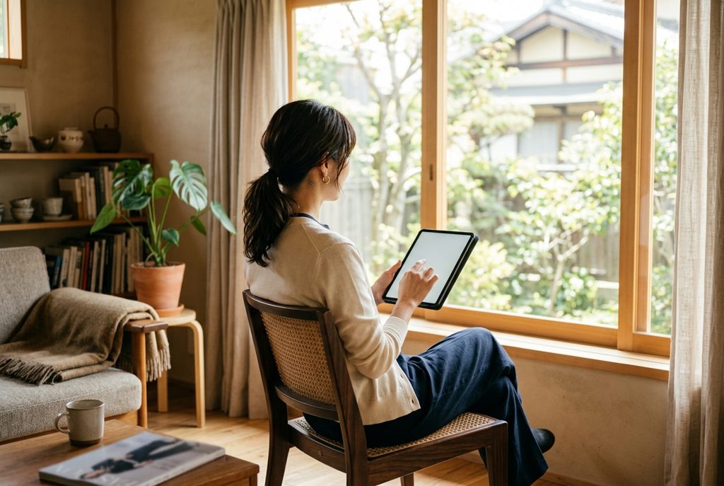 窓辺でタブレットを操作する女性の背中