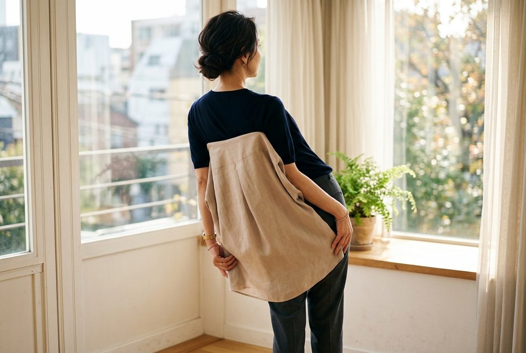 窓辺でブラウスのフィット感を確かめる女性の後ろ姿