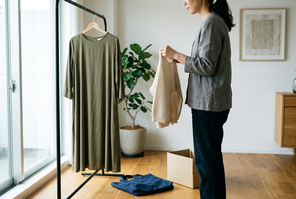 衣類と配送用バッグのそばに立つ女性