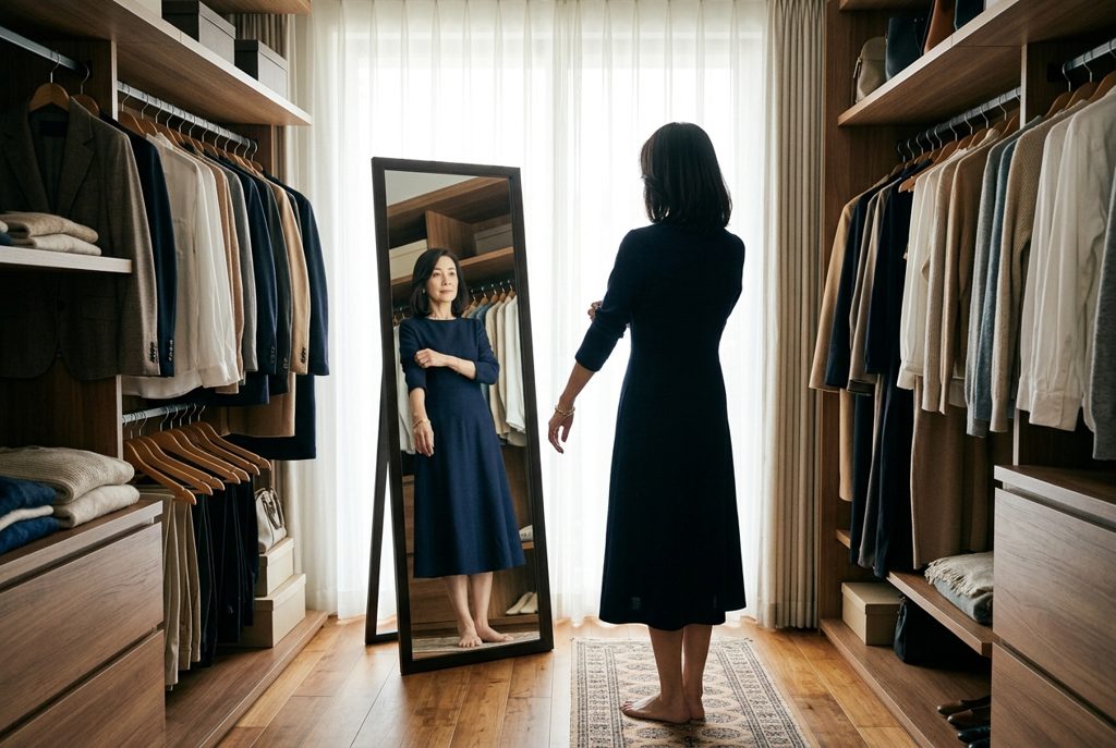 姿見で自分の装いを確認する女性の背中