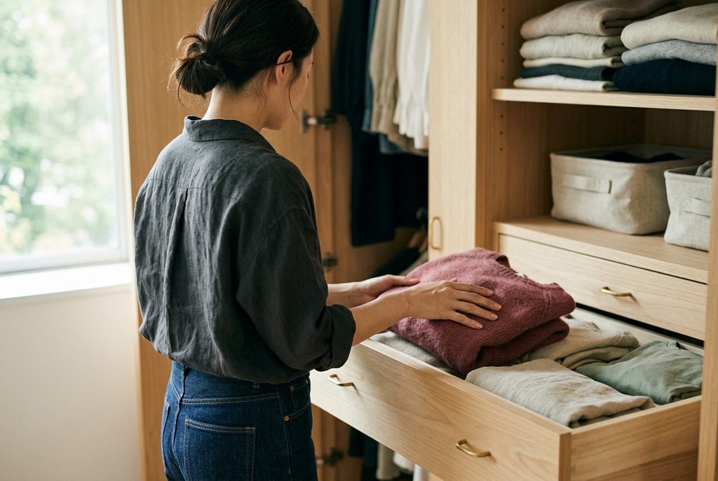 上品なローズ色のニットをたたむ女性の手元
