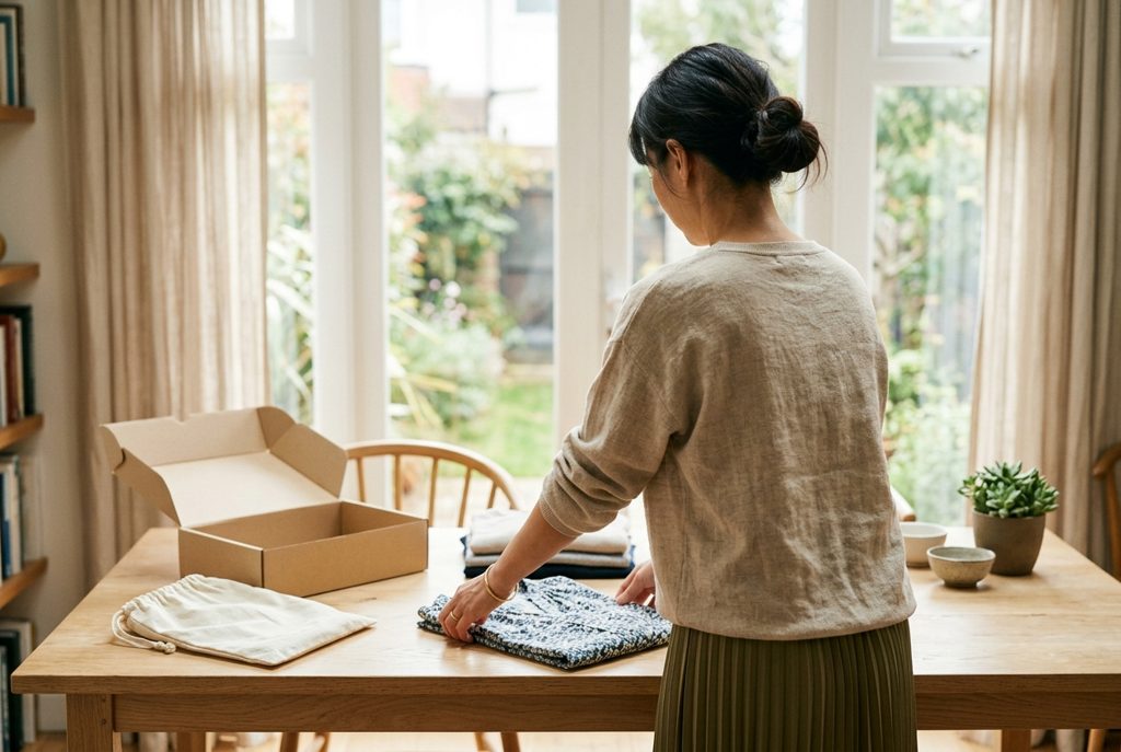 窓辺で洋服をたたむ女性と返却用の袋