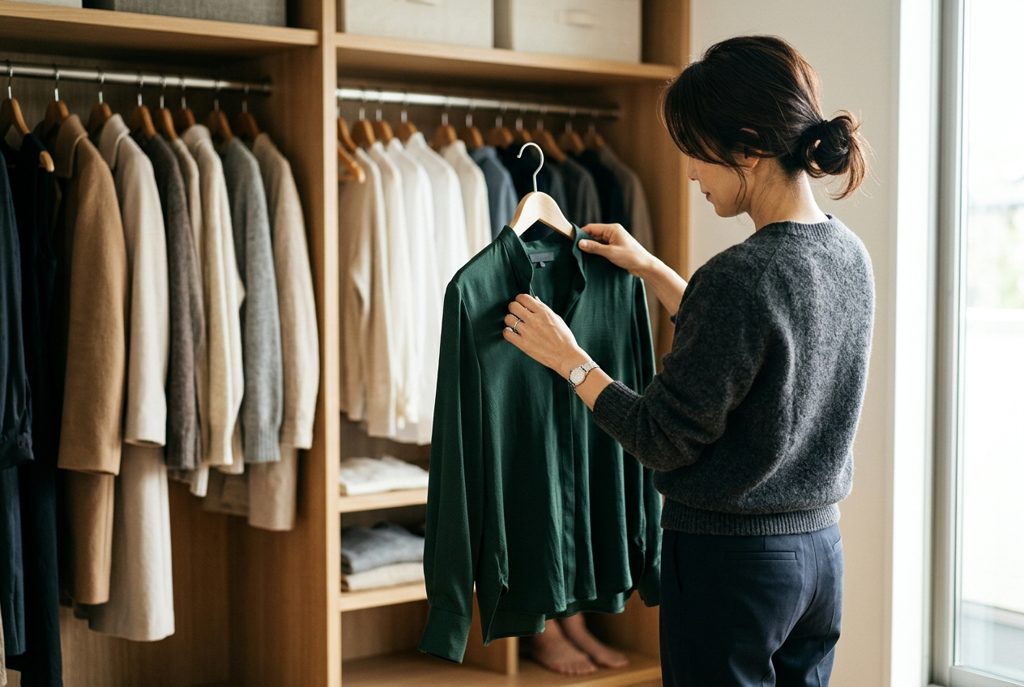 女性がレンタル服を手に取り熟考している様子