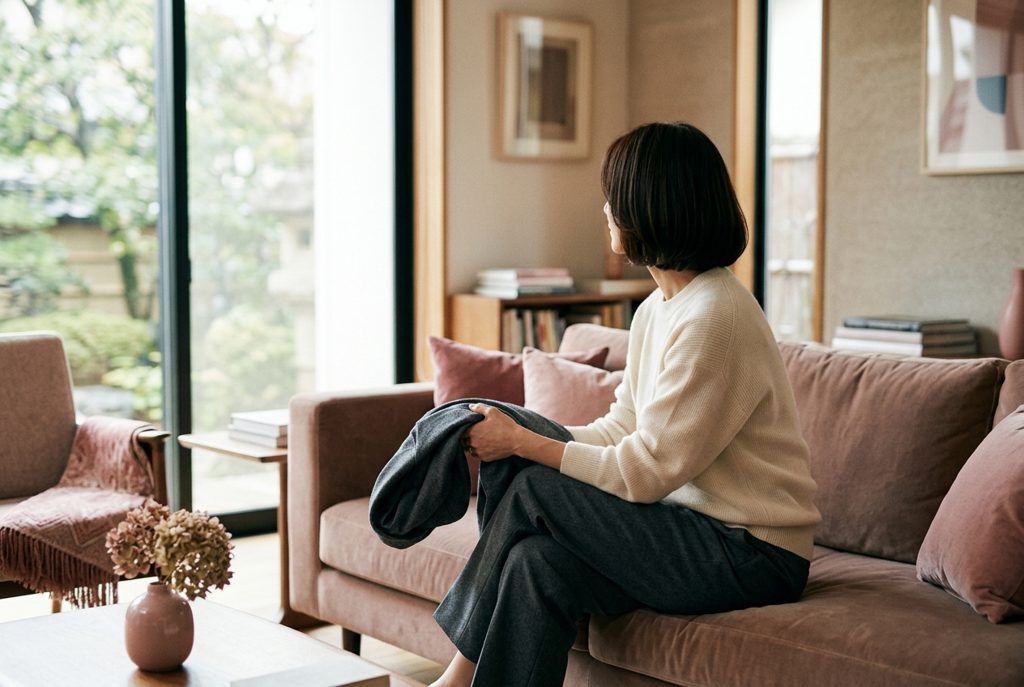 ソファに座り服を選ぶ女性の背中