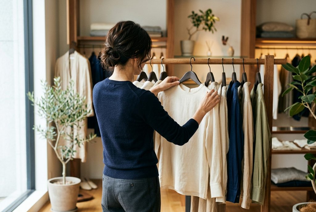 日本の女性が洋服ラックの服を品定めしている手元。自然光。