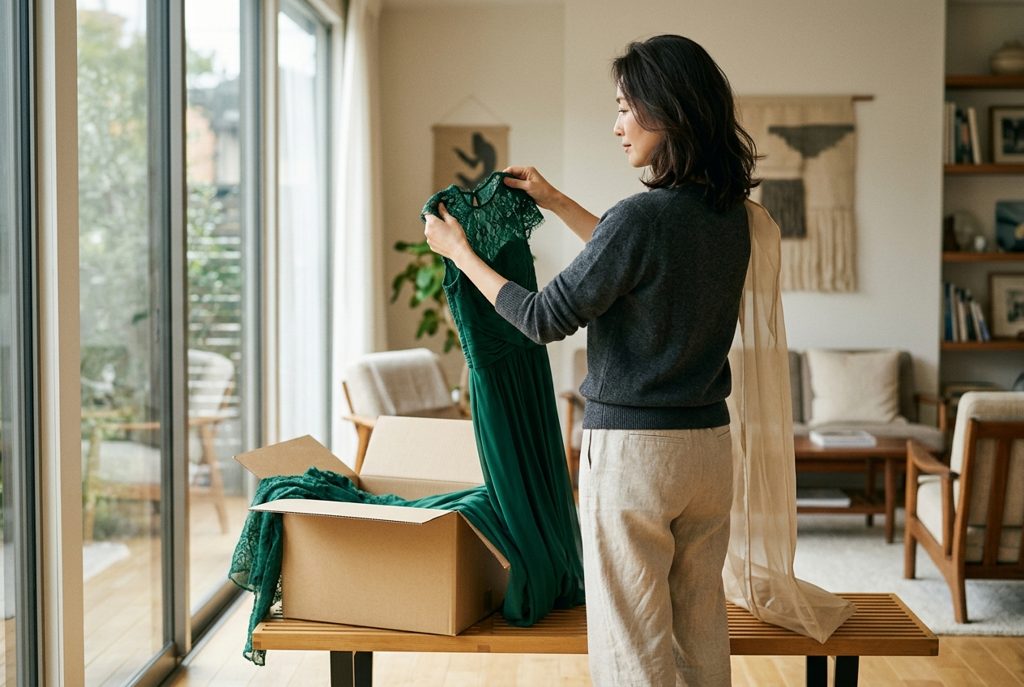 女性がレンタルしたばかりのワンピースを手に取り、考え込んでいる様子。