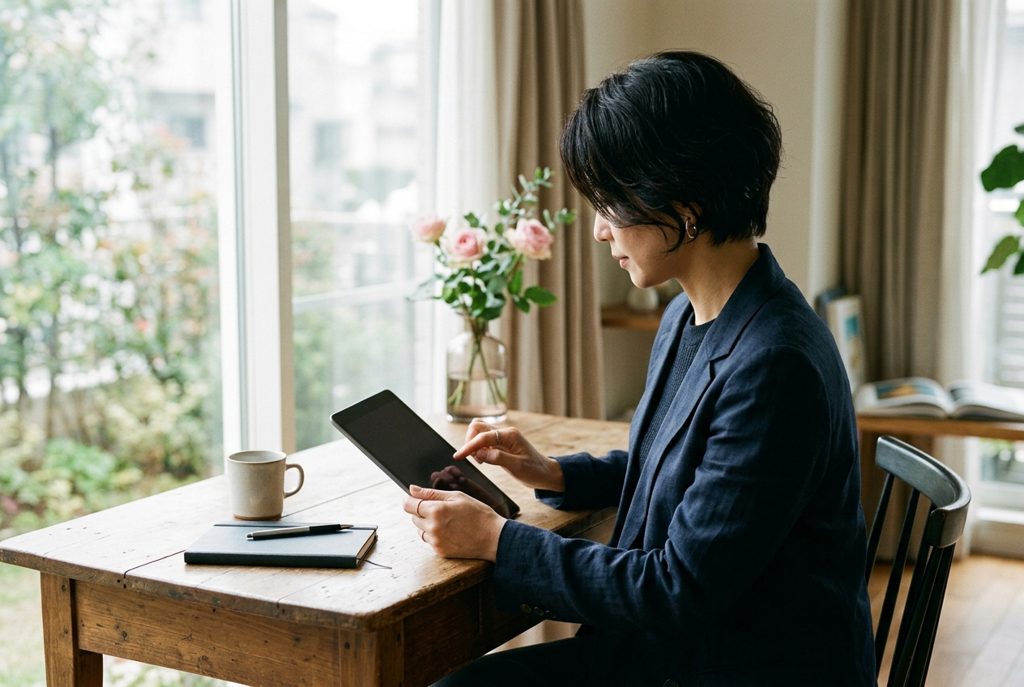 窓際でタブレットを操作し、利用プランを検討する女性
