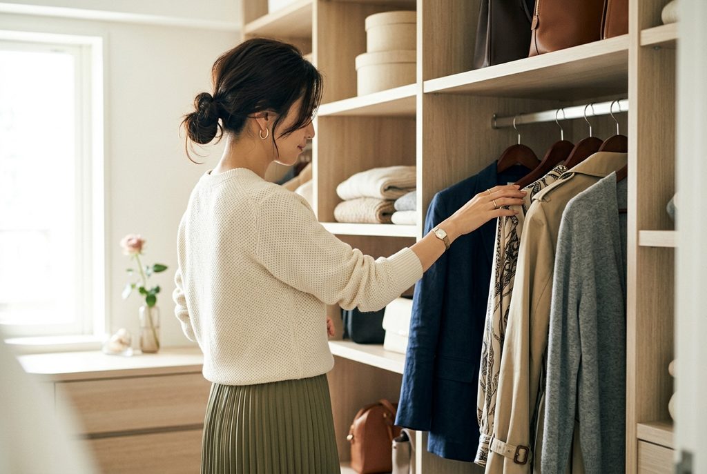 クローゼットで服を吟味する女性の手元