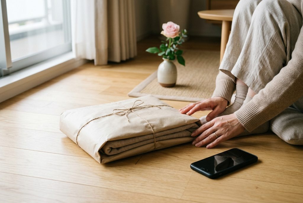 フローリングに置かれた服の荷物と女性の手元