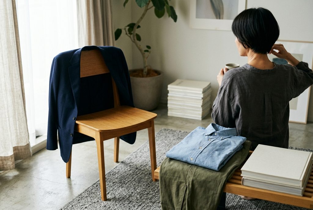 自然光が当たる、木製の椅子にかけられた男性用ジャケットとカジュアル服