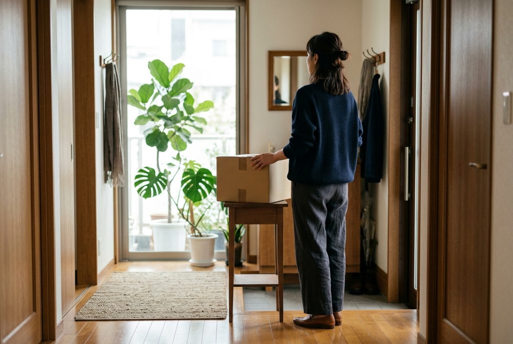女性が玄関で返却用の荷物の隣に立っている様子。