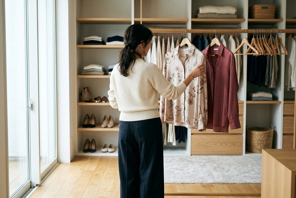 自然光差し込むクローゼットで服を選ぶ女性
