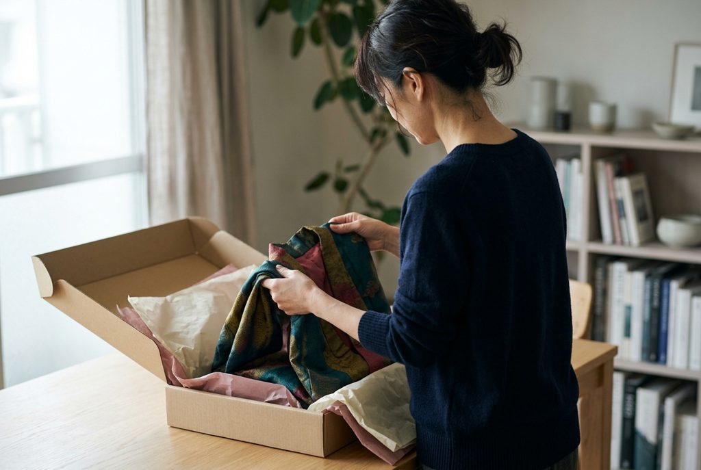 届いた服を箱から取り出す女性の手元