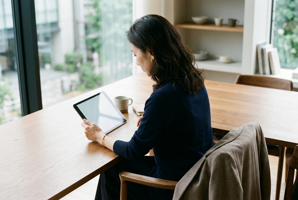 自然光の中でタブレットを操作し、服を見比べる女性