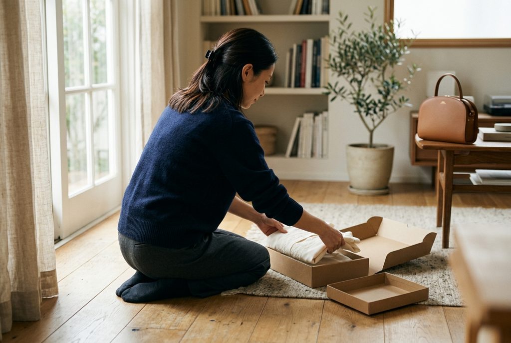 返却用の箱に服を入れる女性