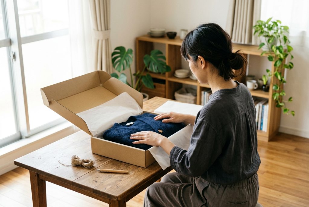 服を丁寧にたたんで箱に詰める女性
