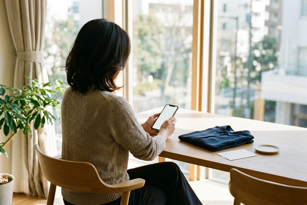 窓際でスマートフォンを操作する女性と、たたまれた服