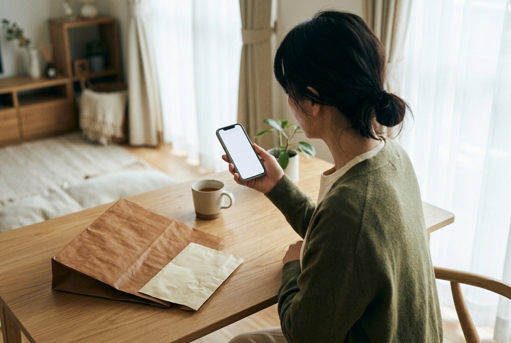 返却後、スマートフォンを操作する女性の手元