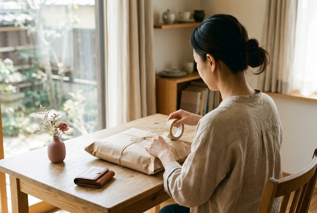 返却の準備をする女性の背中と荷物