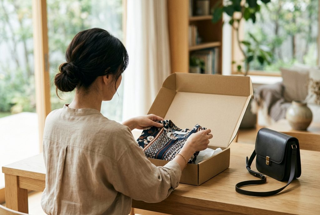 返却用の箱に服を詰める女性